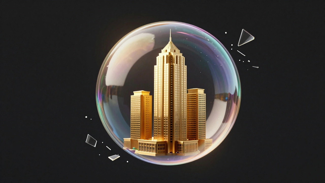 Метафора рыночного пузыря: лопающийся мыльный пузырь с золотым небоскребом внутри