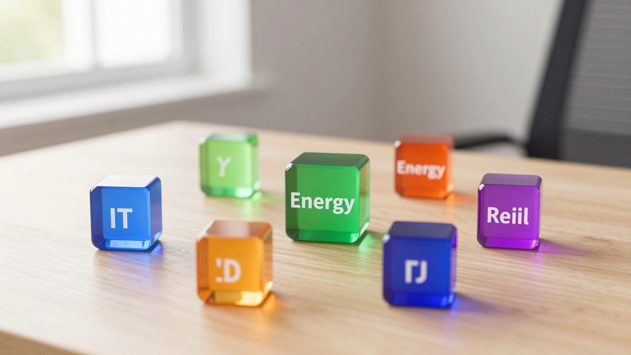 Разноцветные стеклянные кубы на столе, символизирующие диверсификацию портфеля