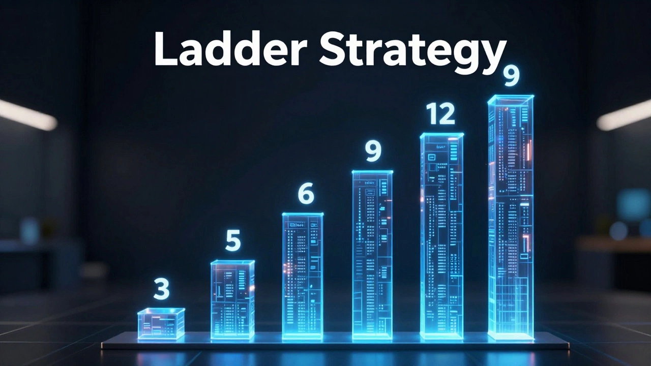 Светящиеся цифровые колонны разной высоты, символизирующие стратегию лесенки вкладов