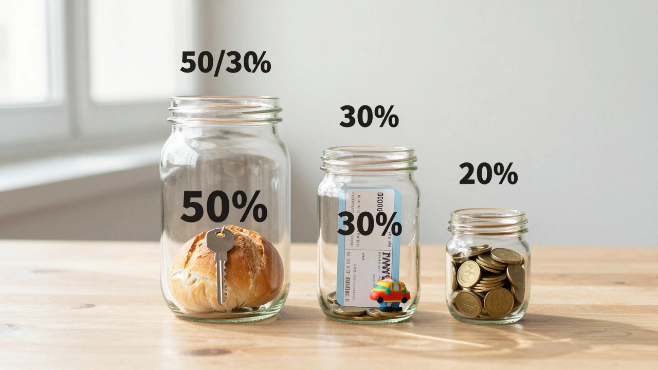 Три стеклянные банки с разным содержимым, иллюстрирующие правило распределения бюджета 50/30/20.