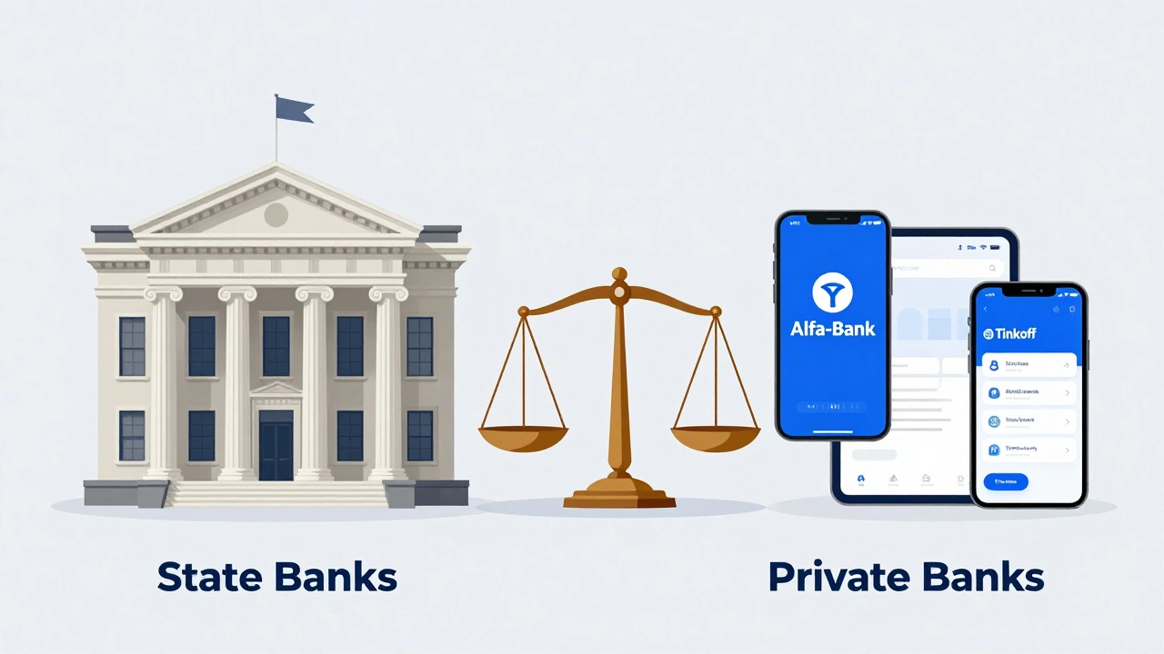 Comparison between state-owned banks offering stability and private banks offering technological flexibility, illustrating that both can be secure choices for depositors within insurance limits.