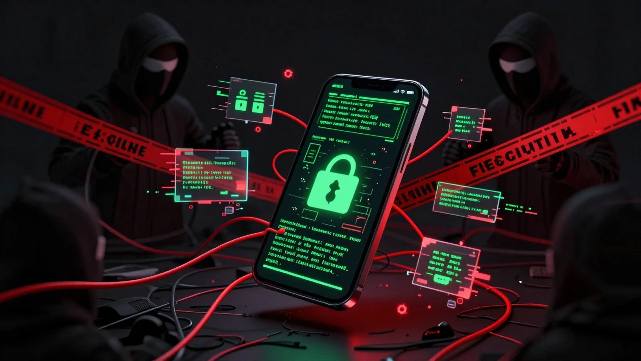 Абстрактная иллюстрация киберугроз и фишинга вокруг смартфона