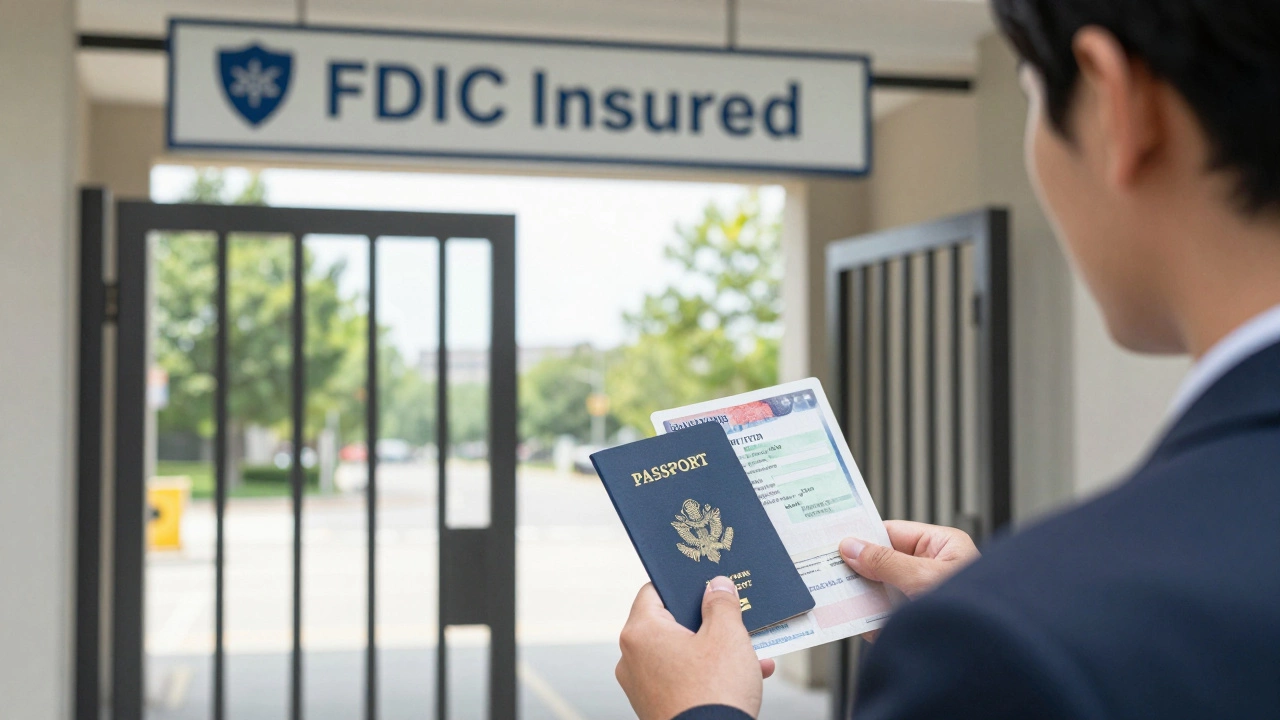 Человек с документами у входа, символизирующего защиту FDIC для иностранцев