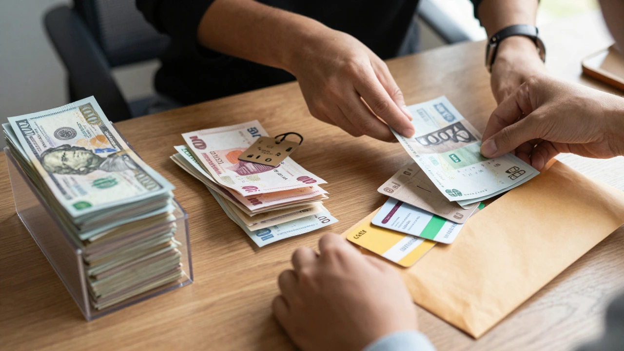 Hands sorting banknotes and receipts into categories on a desk